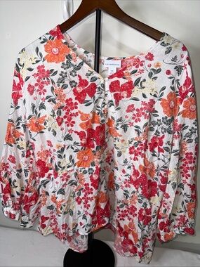 Liz Claiborne White Blouse with Red, Orange & Yellow Floral Print